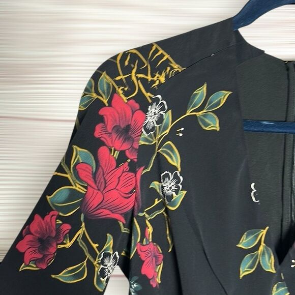 Karen Millen Faux Wrap Jumpsuit Black Tropical Floral Print Long Sleeves US 2 - Picture 4 of 14